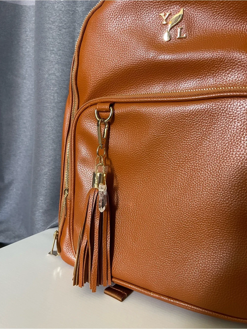 Young Living Cognac Brown Backpack with Tassel Charm